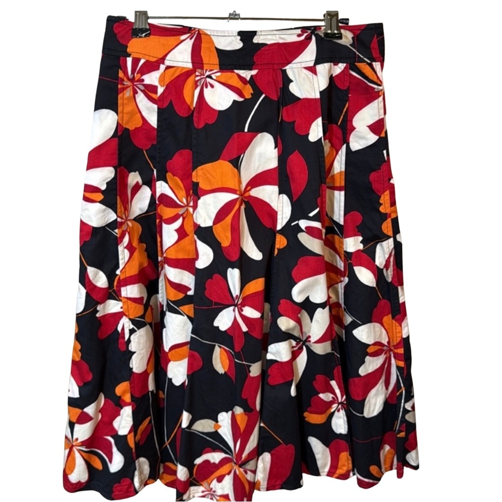 Monsoon Floral Midi Skirt Black Red Orange Cotton A-Line Pleated US 4